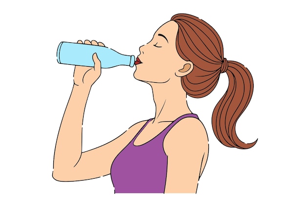 Donna che beve acqua con una linea di bottiglie con illustrazione vettoriale piatta