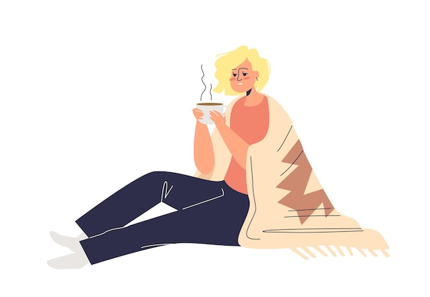 Donna che beve tè caldo coperto di coperta. Giovane femmina personaggio dei fumetti tenendo la tazza di bevanda calda.