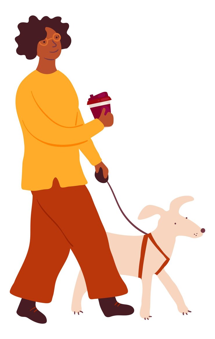 Vettore donna che cammina con il cane e beve una tazza di caffè caldo isolata su fondo bianco