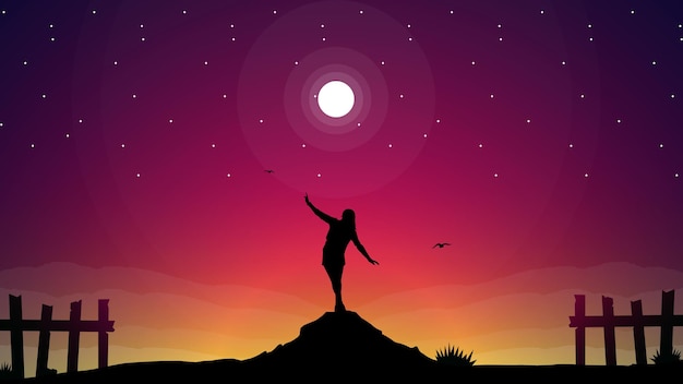 donna che cammina sotto il bellissimo cielo notturno, cielo di notte, sfondo del tramonto