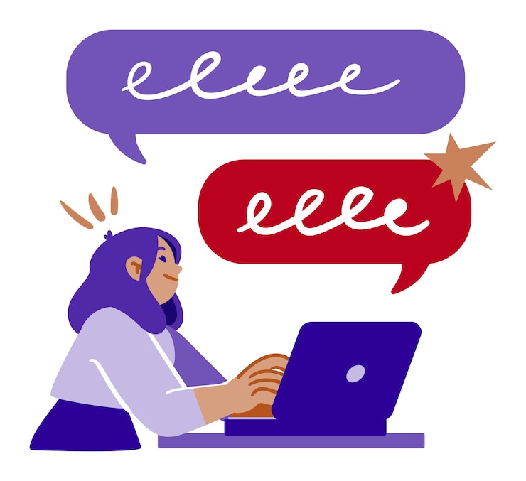 Vettore donna che chatta online con emoticon espressive