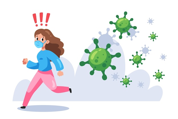 Donna che corre da particelle di coronavirus