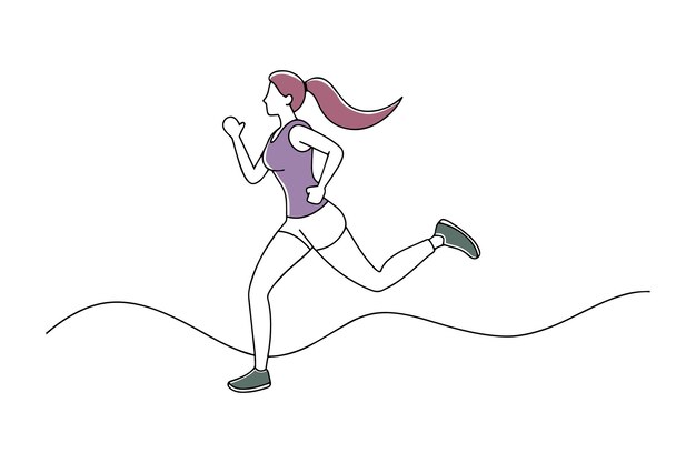 Donna che corre in maratona, espressione determinata, vicino al traguardo, mano disegnata.