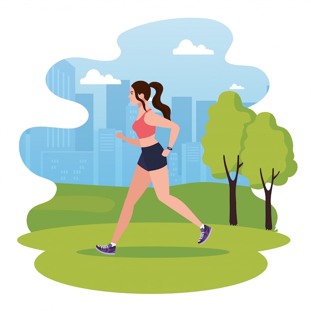 Donna che corre nel parco, donna in abiti sportivi da jogging all'aperto, atleta femminile nel paesaggio