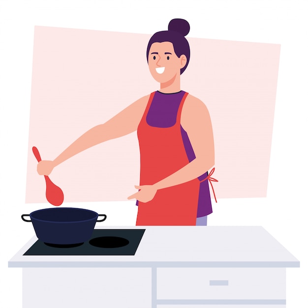 Donna che cucina utilizzando grembiule con fornello e fornisce cucina