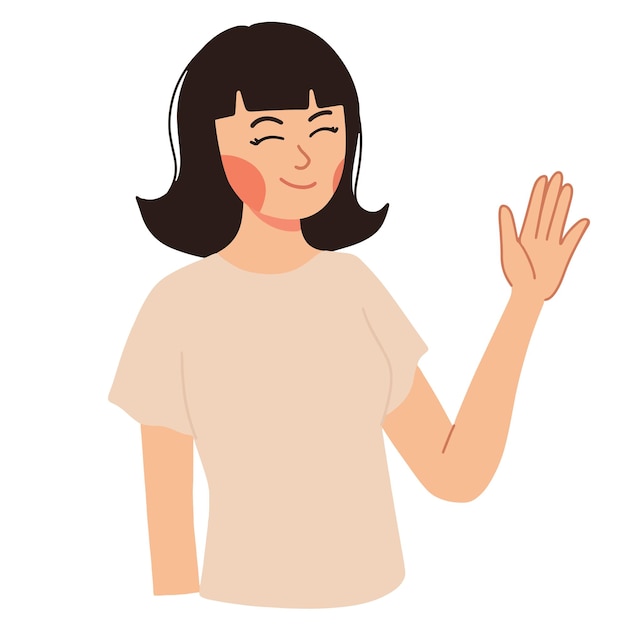 Donna che dice ciao con i gesti delle mani sorridendo addio illustrazione