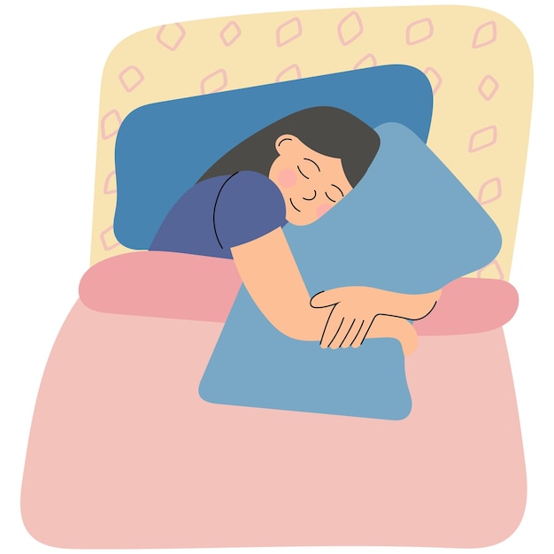 Donna che dorme abbracciando un cuscino Illustrazione vettoriale per concetti come l'igiene del sonno e l'ora di andare a letto
