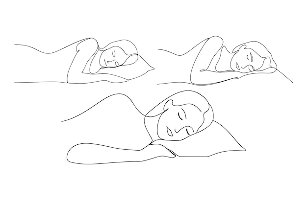 Donna che dorme tranquillamente a letto con la mano appoggiata delicatamente sul cuscino in stile stroke editabile