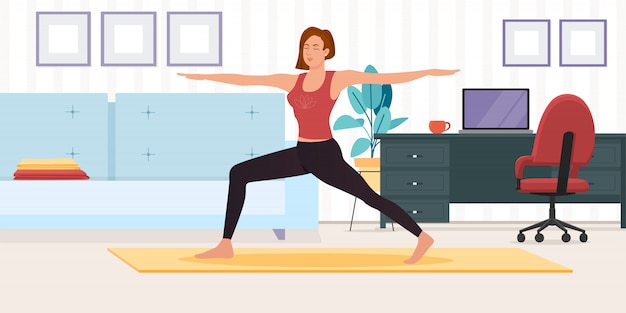 Donna che fa attività domestica, pratica dello yoga, illustrazione di meditazione