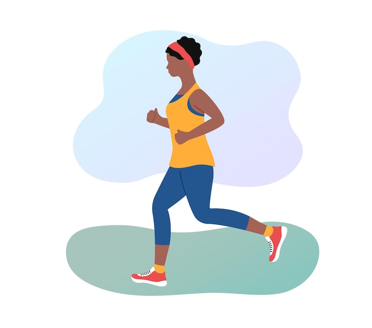 Vettore donna che fa jogging all'aperto ragazza adulta afroamericana che corre in abbigliamento sportivo corsa mattutina nel parco illustrazione vettoriale piatta stile di vita sano e concetto di fitness
