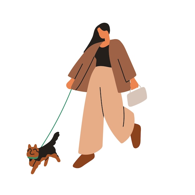 Donna che fa passeggiare il cane Cucciolo carino al guinzaglio e proprietario di animale domestico che passeggiano per strada Personaggio femminile in abbigliamento urbano moderno che guida il cucciolo piccolo cane Illustrazione vettoriale piatta isolata su sfondo bianco