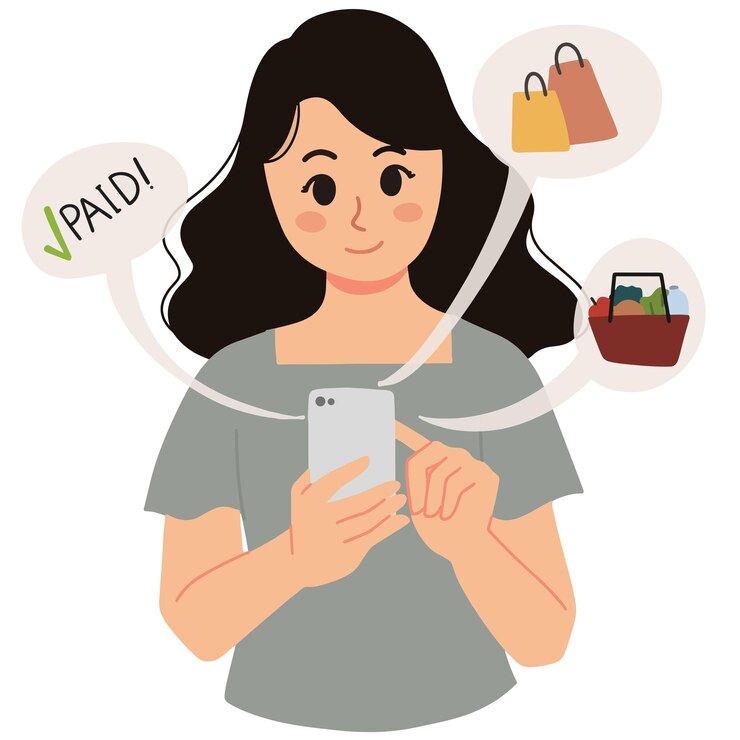 Vettore donna che fa shopping online con l'illustrazione del concetto di smartphone