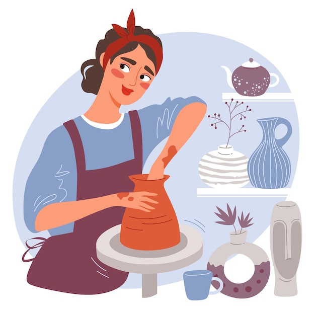 Donna che fa un vaso o una pentola di argilla su una ruota di ceramica in uno studio di ceramiche