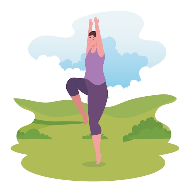 Donna che fa yoga alla progettazione del parco, attività all'aperto e stagione