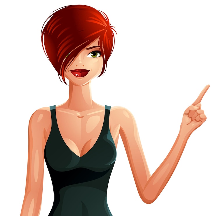 Vettore donna che flirta sexy che indossa il vestito estivo. bella femmina dai capelli rossi che punta a qualcosa a lato con il dito, spazio vuoto per la copia per il tuo design.
