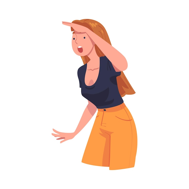 Vettore donna che guarda da lontano qualcosa di interessante tenendo la mano vicino alla fronte illustrazione vettoriale