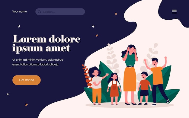 Donna che ha mal di testa e circondata da bambini arrabbiati. Insegnante, mamma, illustrazione vettoriale piatto rumore. Comportamento e concetto di infanzia per banner, design di siti Web o pagine Web di destinazione