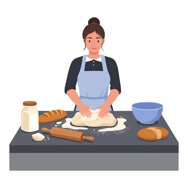 Donna che impastare la pasta sul bancone della cucina con ingredienti per la cottura intorno a lei