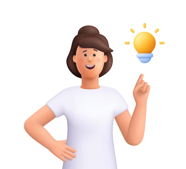 donna che indica con il dito la lampadina 3D persone vettoriali illustrazione di personaggi stile minimalista dei cartoni animati