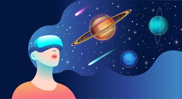 Donna che indossa occhiali per realtà virtuale e vede il paesaggio cosmico.