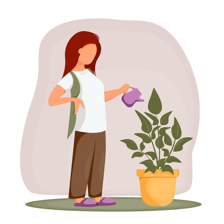 Vettore donna che innaffia le piante d'appartamento pianta da giardinaggio che coltiva la routine domestica di cura dei fiori
