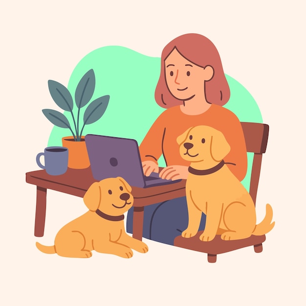 Donna che lavora a casa con i suoi cani