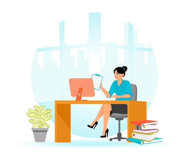 Donna che lavora alla scrivania del computer Lavoratore che lavora sul posto di lavoro utilizzando la tecnologia