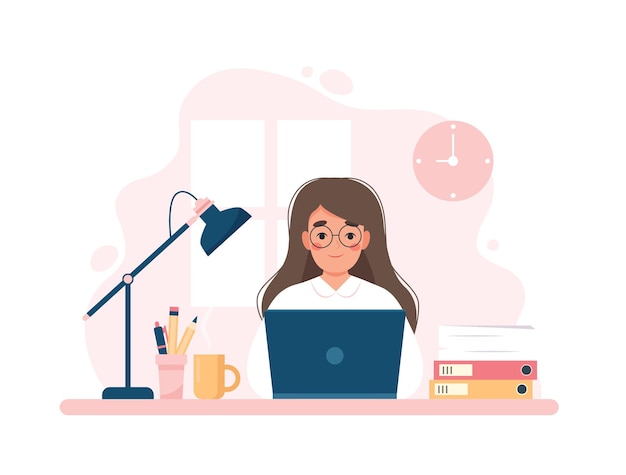 Donna che lavora con l'home office di un lavoratore d'ufficio del computer Illustrazione vettoriale carino del concetto in stile piatto