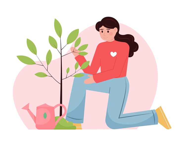 Vettore donna che lavora in un'organizzazione di volontariato che aiuta la natura giovane donna in maglione rosso con emblema del cuore in piedi vicino all'albero che controlla i rami e pronta per innaffiare l'albero illustrazione vettoriale piatta