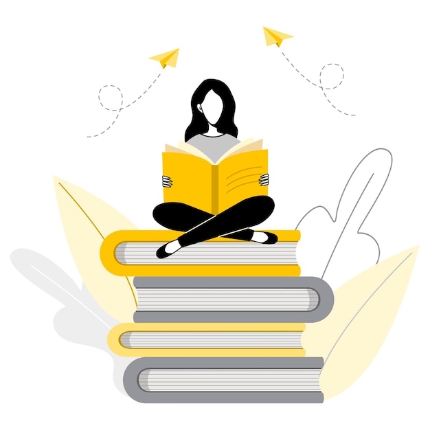 Donna che legge mentre è seduto su una pila di grandi libri concetto illustrazione