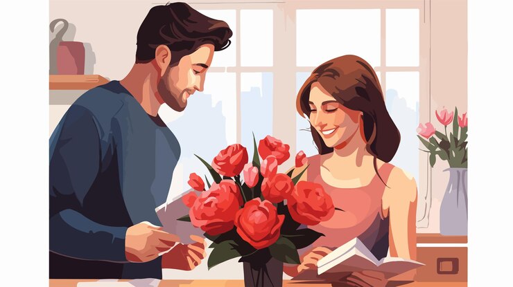 Vettore donna che legge un biglietto romantico in un bouquet di fiori del fidanzato