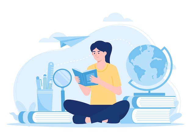 donna che legge un libro per trovare informazioni concetto di tendenza illustrazione piatta