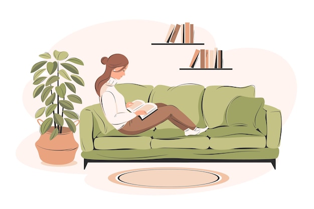 Donna che legge un libro seduta su un divano Studente o freelance Formazione online per l'ufficio a casa