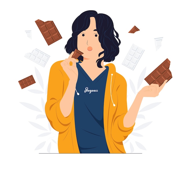 Donna che mangia l'illustrazione di concetto del cioccolato