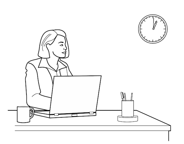 Donna che pensa e guarda l'ufficio a una scrivania con un laptop. Illustrazione vettoriale nera isolata su sfondo bianco