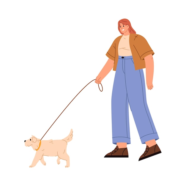 Donna che porta il cane in guinzaglio