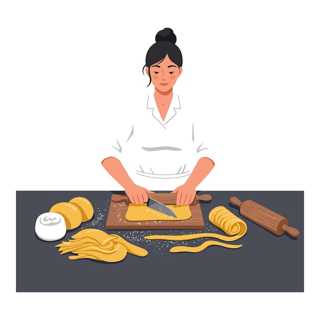 Donna che prepara con abilità pasta fresca con un rullo e un coltello su una tavola di legno