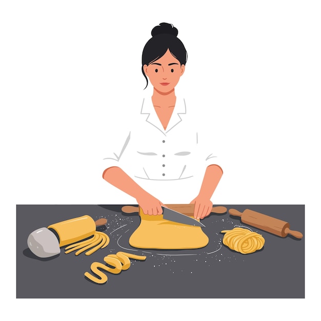 Donna che prepara pasta fresca con un rotolo in un'illustrazione vettoriale piatta