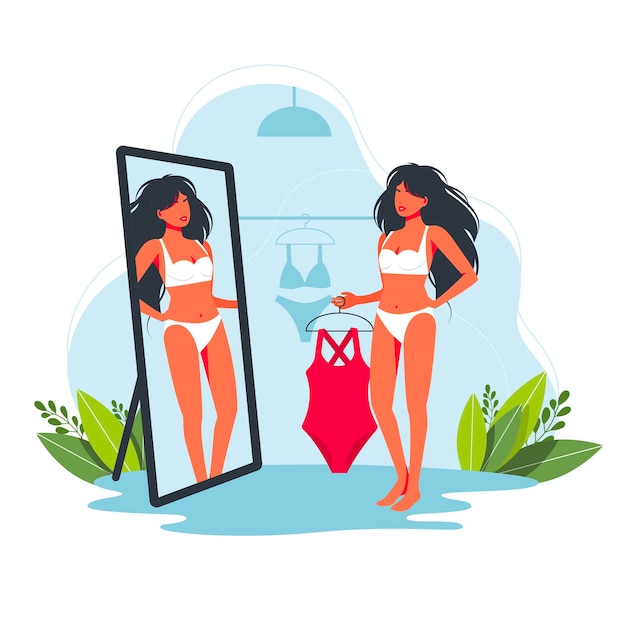 Donna che prova l'intero costume da bagno fuso in negozio. costume da bagno donna shopping. Bella ragazza che sceglie costumi da bagno per le vacanze estive in località tropicale. Cartone animato femmina cercando costume da bagno davanti allo specchio