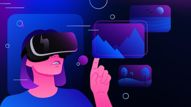 Donna che sceglie le immagini nell'illustrazione grafica di realtà virtuale del Metaverse