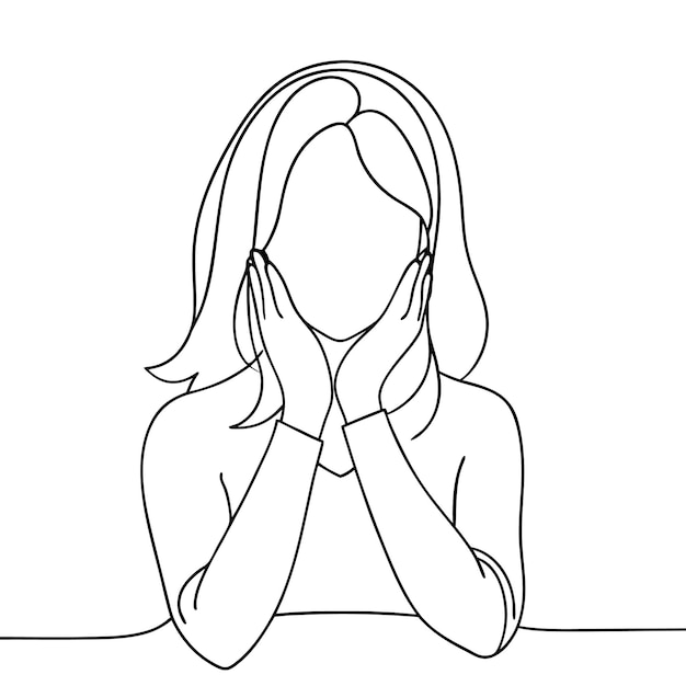 Donna che sembra ansiosa che copre parzialmente il viso con le mani vettore di linea continua