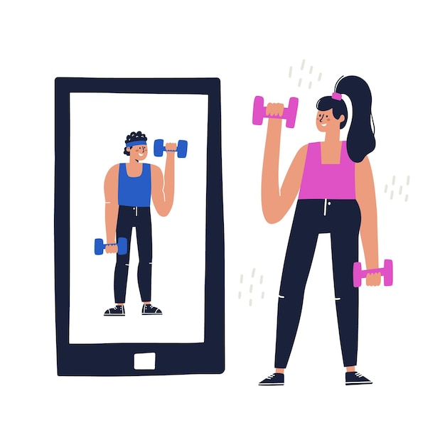 Donna che si allena a casa con allenatore virtuale su smartphone. Concetto in linea di allenamento. Illustrazione vettoriale disegnato a mano.