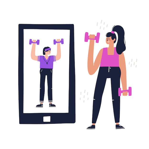 Donna che si allena a casa con un allenatore online sul suo tablet o smartphone. Concetto di allenamento virtuale. Illustrazione vettoriale disegnata a mano per aggiungere, banner, social media