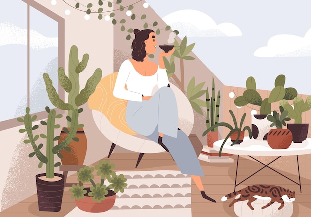 Donna che si rilassa su un balcone accogliente, seduta in poltrona, bevendo tè. Persona felice che riposa sulla terrazza verde, giardino domestico con piante da appartamento. Femmina nell'interno del tetto estivo. Illustrazione vettoriale piatta