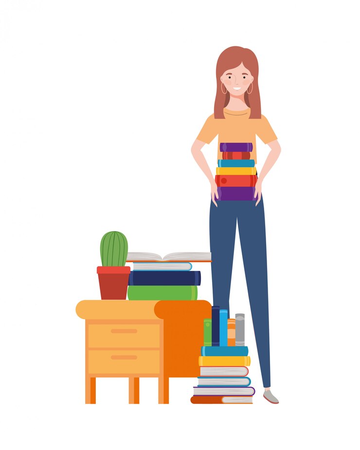 Vettore donna che sta con lo scaffale per libri di legno e dei libri