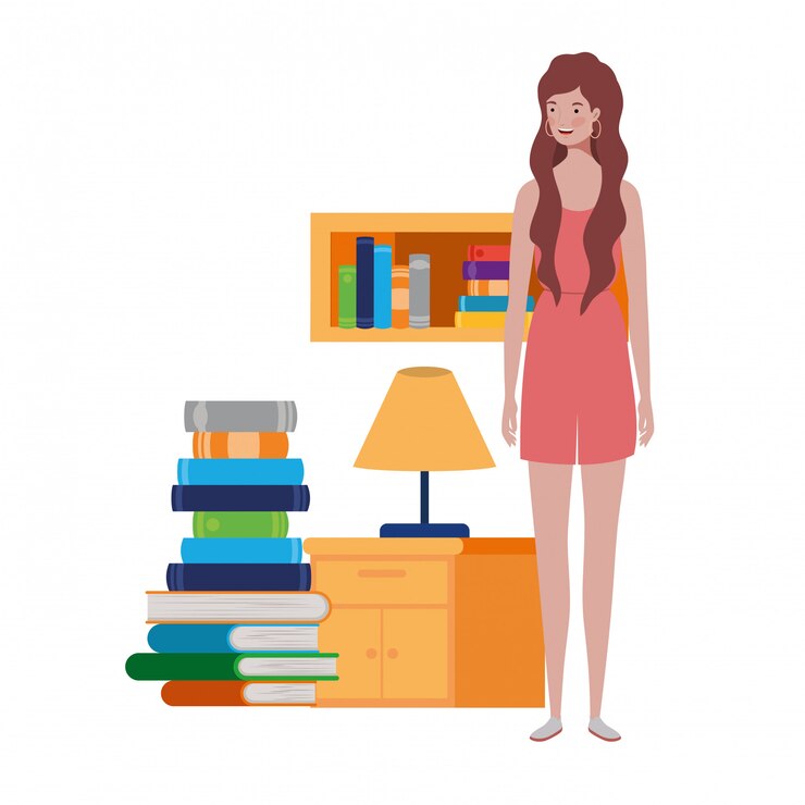 Vettore donna che sta con lo scaffale per libri di legno e dei libri