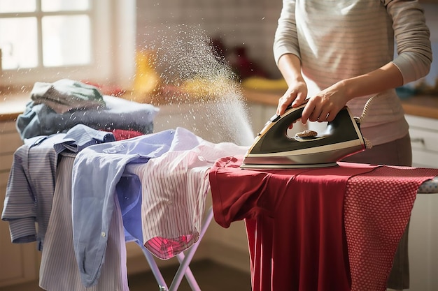 donna che stira i vestiti sulla tavola da stirare a casa