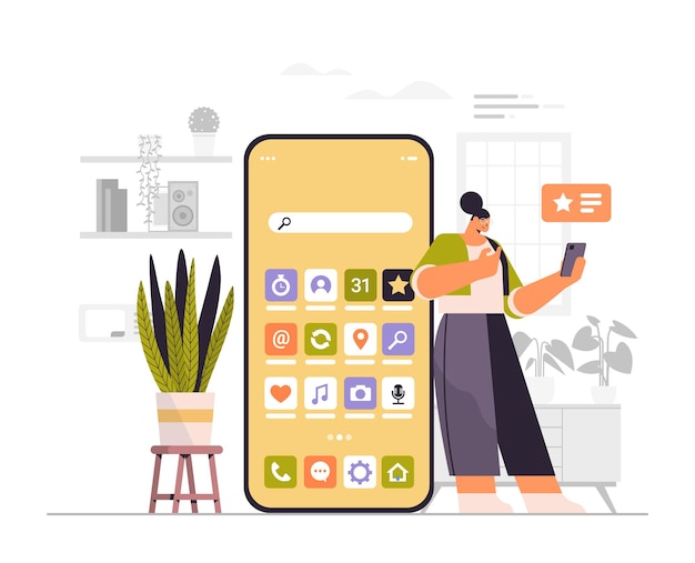 Donna che tiene la ragazza dello smartphone che utilizza il concetto di comunicazione sui social media dell'app mobile online
