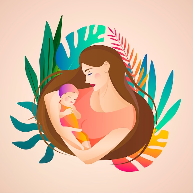 Donna che tiene un bambino. Concetto di maternità e festa della mamma. Illustrazione genitoriale.