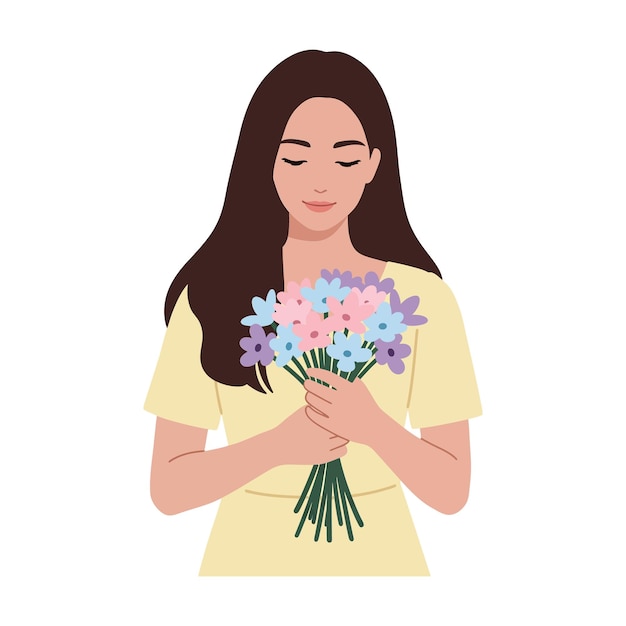 Donna che tiene un bouquet di fiori in un'illustrazione vettoriale piatta minima
